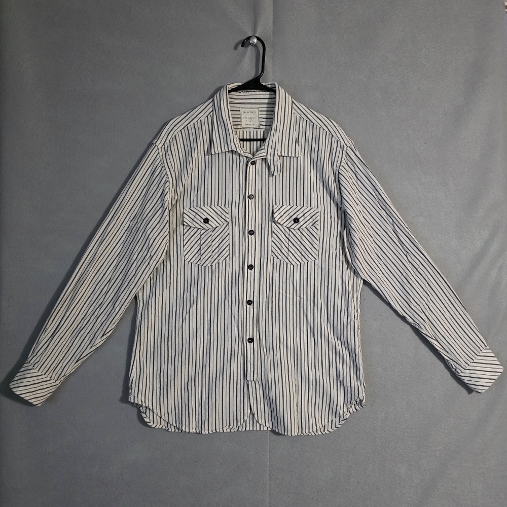 Billy Reid Mens Navy & White Vertical Stripes Button Up Shirt USA Size XL